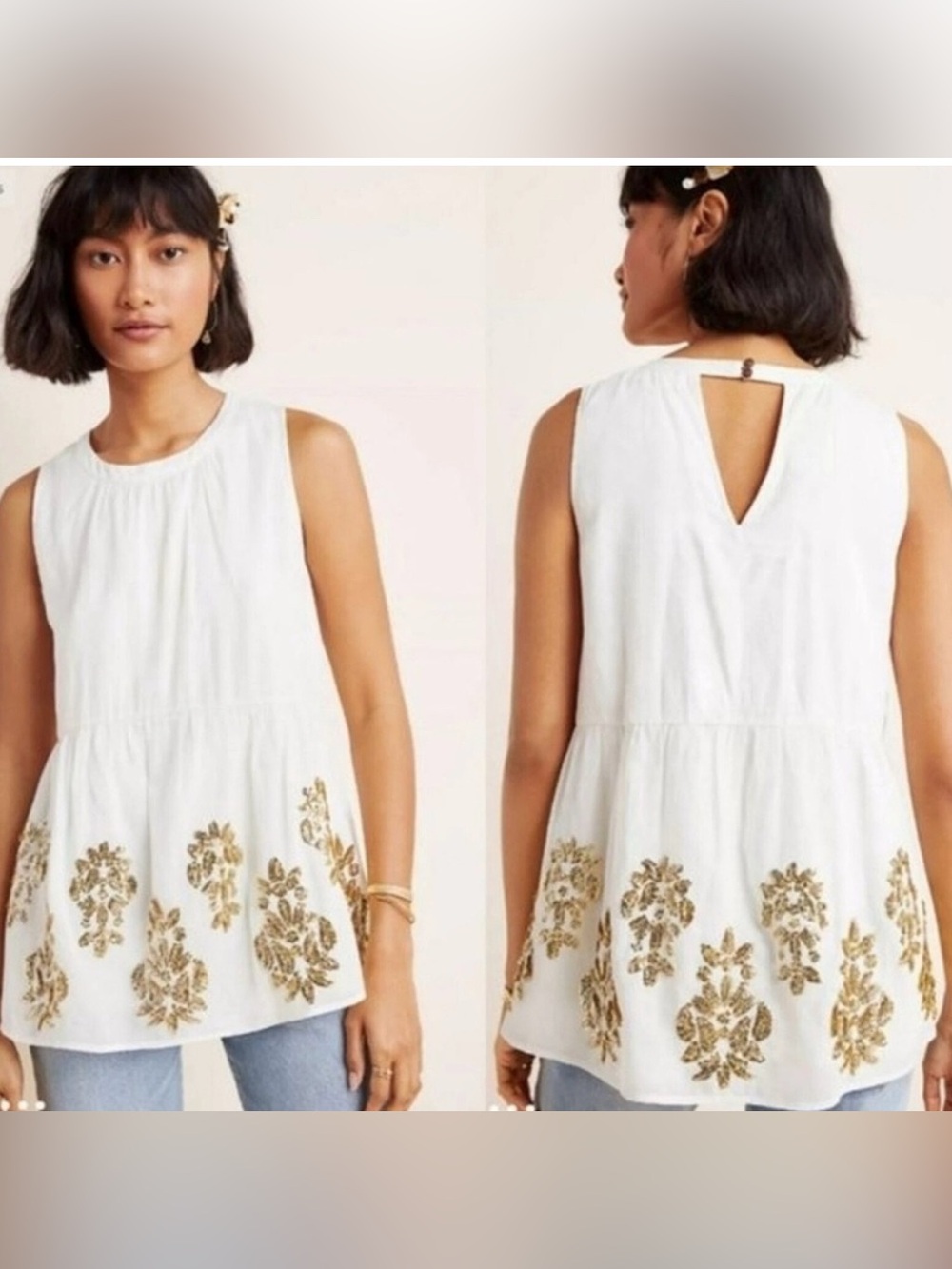 Anthropologie Simona Sequined White Sleeveless Top with Gold Embroidery